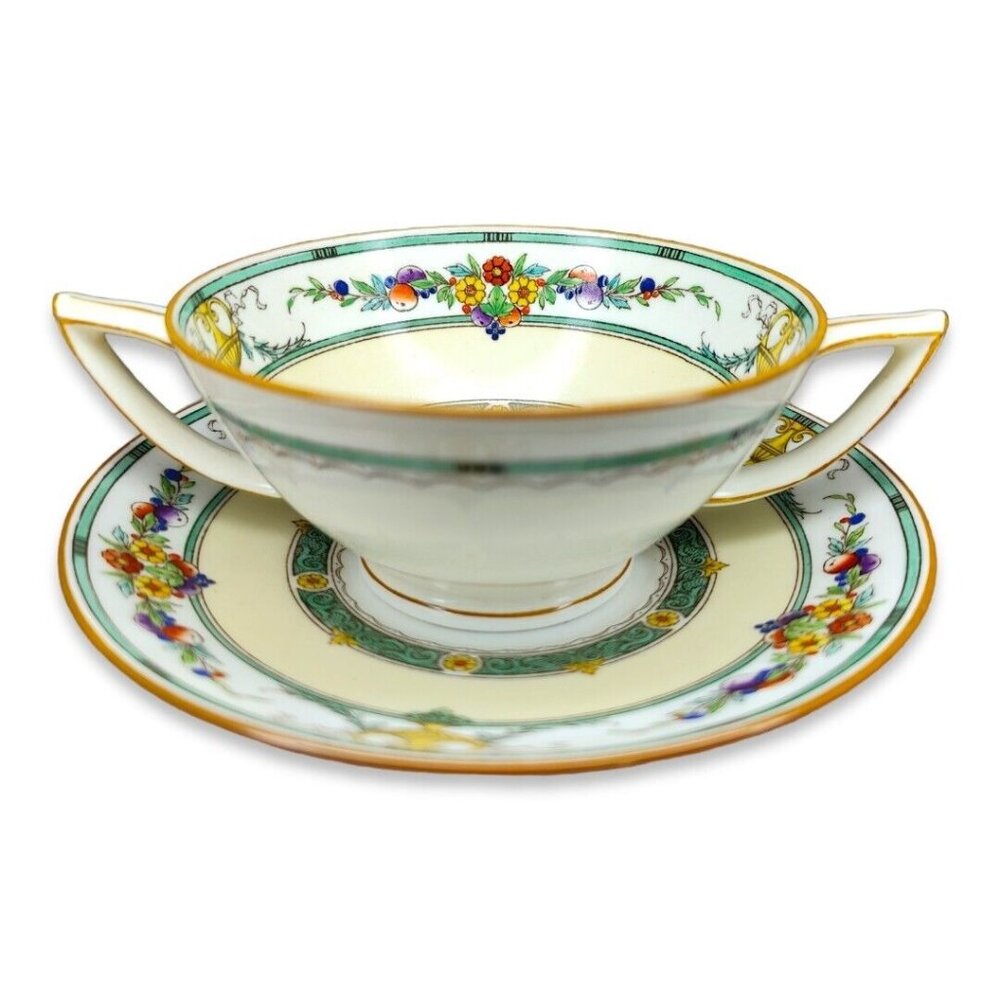 Mintons Helena Dark Green Footed Bouillon Cup And Saucer England Bone China